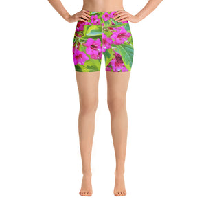 Yoga Shorts for Women, Beautiful Green Weigela with Crimson Flowers