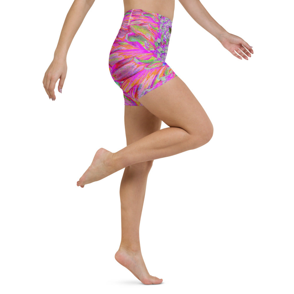 Yoga Shorts for Women, Colorful Rainbow Decorative Dahlia Explosion