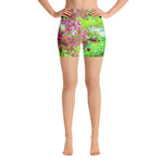 Yoga Shorts for Women, Green Spring Garden Landscape with Peonies