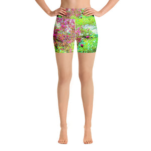 Yoga Shorts for Women, Green Spring Garden Landscape with Peonies