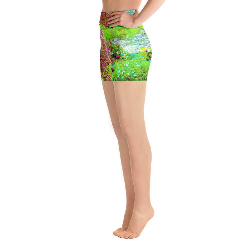 Yoga Shorts for Women, Green Spring Garden Landscape with Peonies