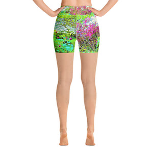 Yoga Shorts for Women, Green Spring Garden Landscape with Peonies