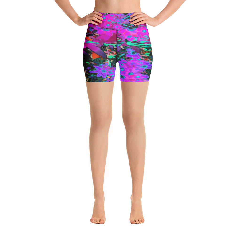 Yoga Shorts for Women, Pretty Hot Pink, Magenta and Aqua Blue Flowers