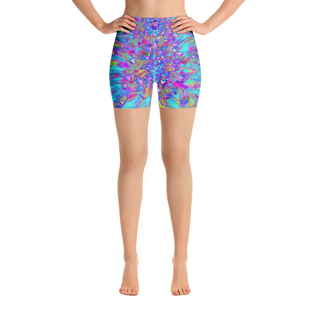 Yoga Shorts for Women, Abstract Colorful Blue and Purple Dahlia Bloom