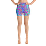 Yoga Shorts for Women, Abstract Colorful Blue and Purple Dahlia Bloom