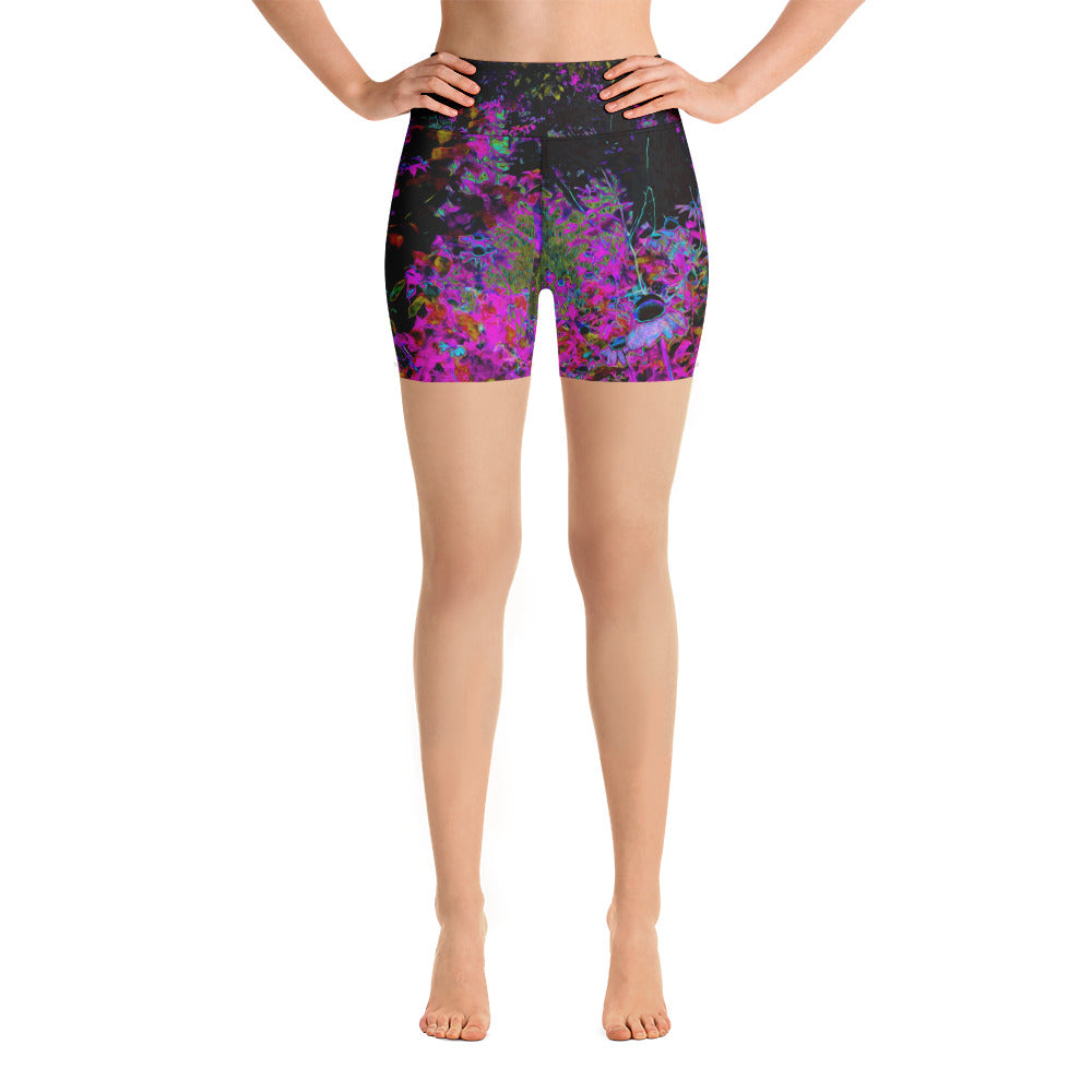 Yoga Shorts for Women, Psychedelic Hot Pink and Black Garden Sunrise