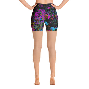 Yoga Shorts for Women, Psychedelic Hot Pink and Black Garden Sunrise