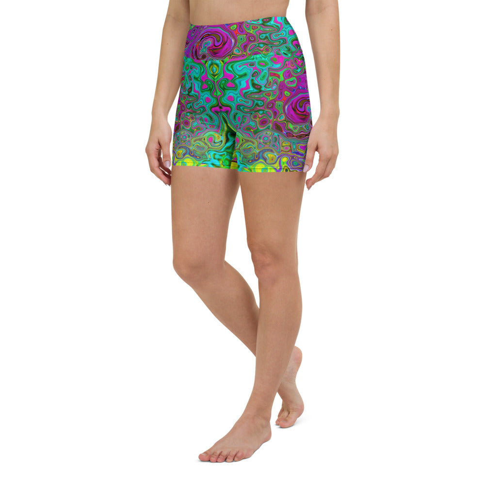 Yoga Shorts for Women, Groovy Purple Abstract Retro Liquid Swirl