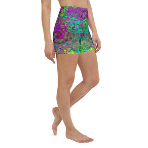 Yoga Shorts for Women, Groovy Purple Abstract Retro Liquid Swirl