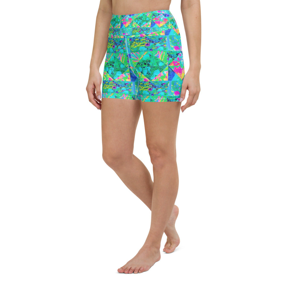 Yoga Shorts for Women, Garden Quilt Painting with Hydrangea and Blues