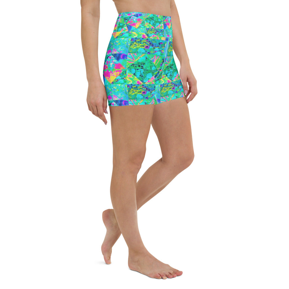 Yoga Shorts for Women, Garden Quilt Painting with Hydrangea and Blues