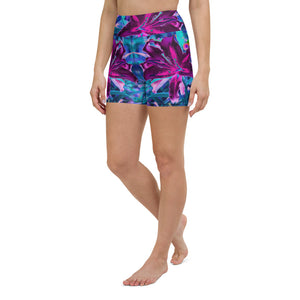 Yoga Shorts for Women, Purple and Hot Pink Abstract Oriental Lily Flowers