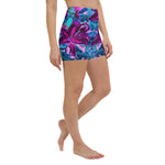 Yoga Shorts for Women, Purple and Hot Pink Abstract Oriental Lily Flowers