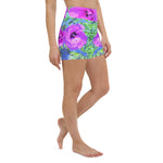 Yoga Shorts for Women, Ultra-Violet Plum Crazy Purple Hibiscus Flowers