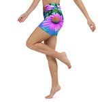 Yoga Shorts for Women, Pink and Purple Coneflower on Blue Garden