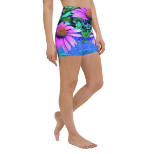 Yoga Shorts for Women, Pink and Purple Coneflower on Blue Garden