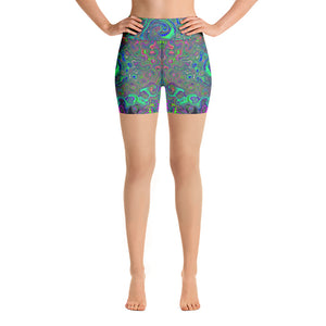 Yoga Shorts for Women, Trippy Chartreuse and Blue Retro Liquid Swirl