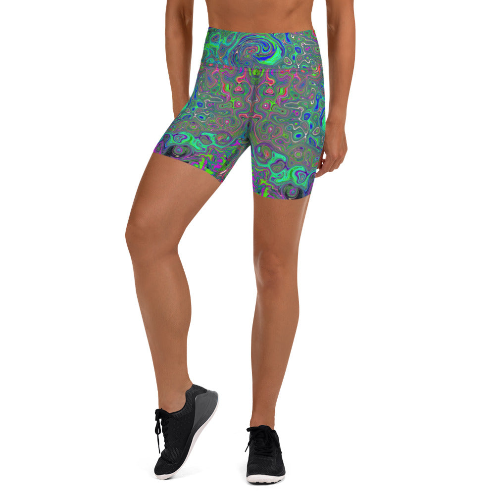 Yoga Shorts for Women, Trippy Chartreuse and Blue Retro Liquid Swirl