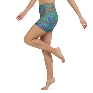 Yoga Shorts for Women, Trippy Chartreuse and Blue Retro Liquid Swirl