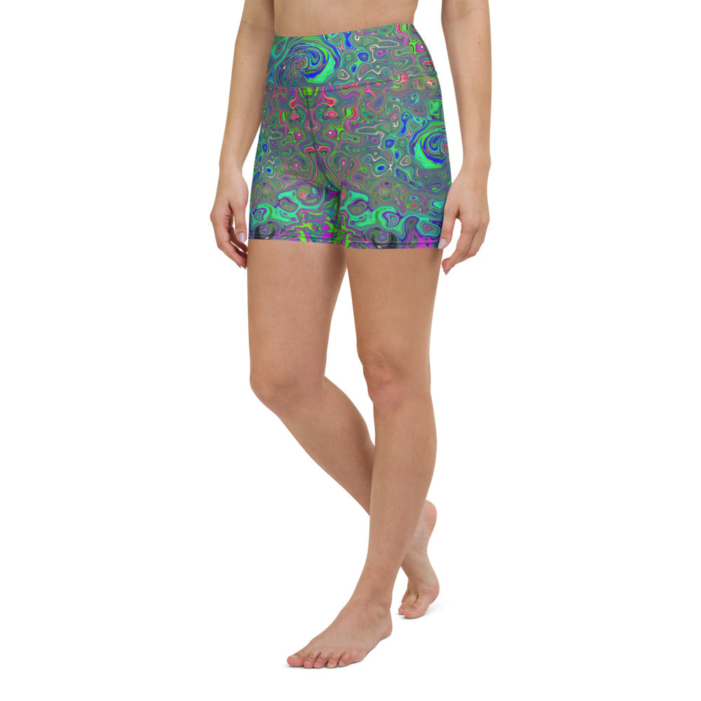 Yoga Shorts for Women, Trippy Chartreuse and Blue Retro Liquid Swirl