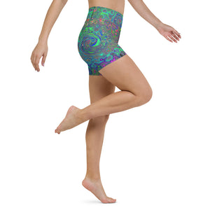 Yoga Shorts for Women, Trippy Chartreuse and Blue Retro Liquid Swirl