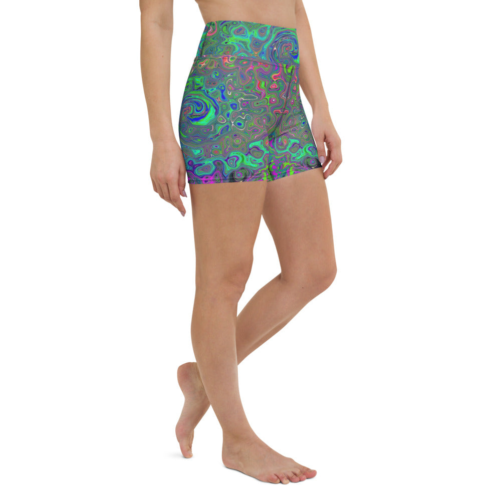 Yoga Shorts for Women, Trippy Chartreuse and Blue Retro Liquid Swirl