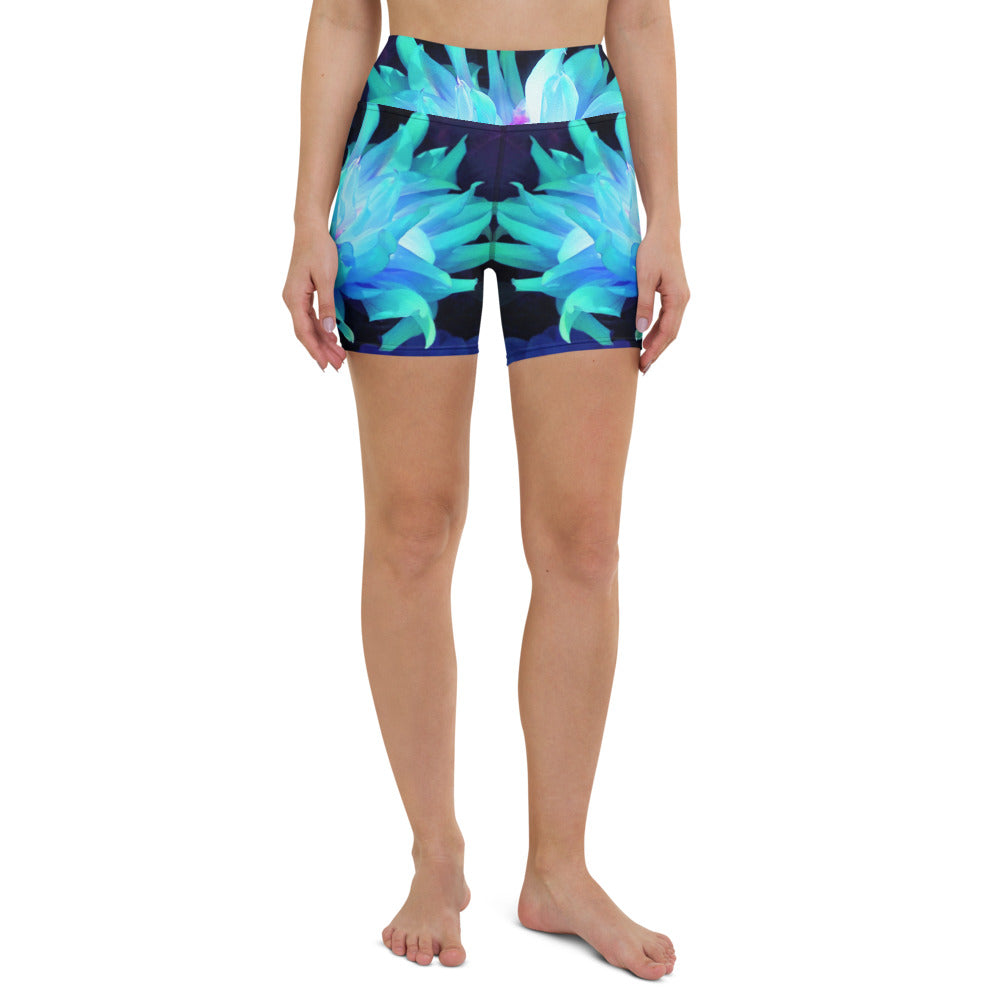 Yoga Shorts for Women, Stunning Aqua Blue and Green Cactus Dahlia