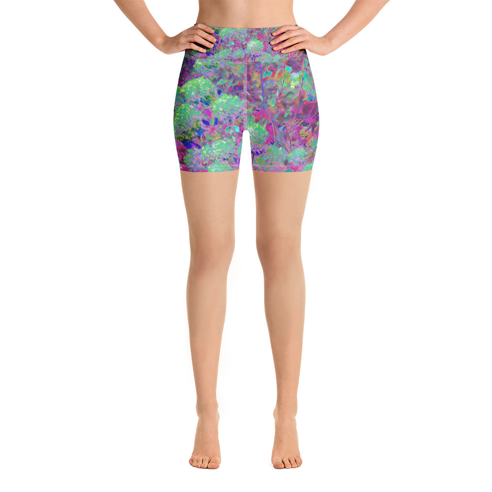 Yoga Shorts for Women, Magenta Garden with Aqua Hydrangea Flowers