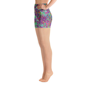 Yoga Shorts for Women, Magenta Garden with Aqua Hydrangea Flowers