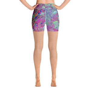 Yoga Shorts for Women, Magenta Garden with Aqua Hydrangea Flowers