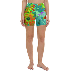 Yoga Shorts for Women, Trippy Yellow and Red Wildflowers on Retro Blue