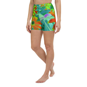 Yoga Shorts for Women, Trippy Yellow and Red Wildflowers on Retro Blue