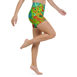 Yoga Shorts for Women, Trippy Yellow and Red Wildflowers on Retro Blue