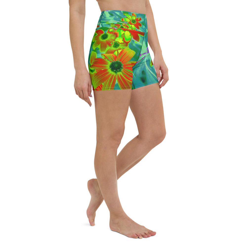 Yoga Shorts for Women, Trippy Yellow and Red Wildflowers on Retro Blue