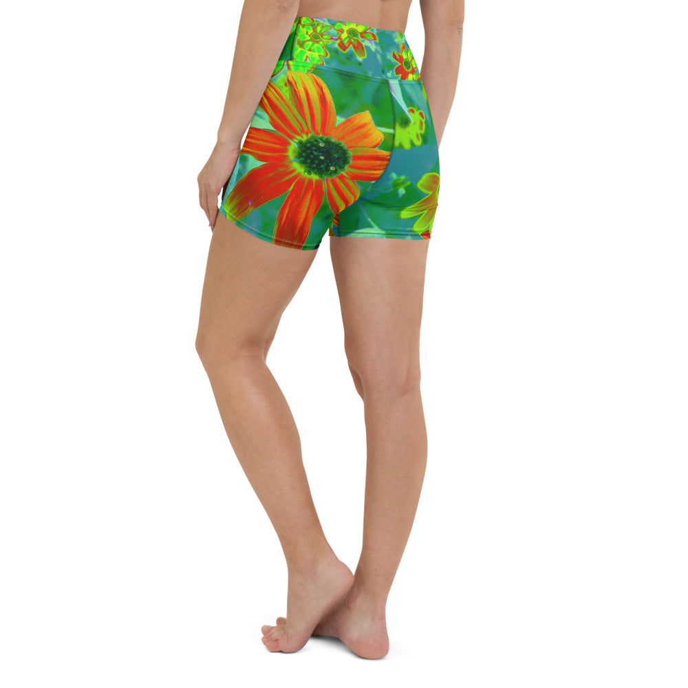 Yoga Shorts for Women, Trippy Yellow and Red Wildflowers on Retro Blue