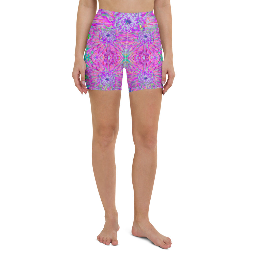 Yoga Shorts for Women, Cool Magenta, Pink and Purple Dahlia Pattern