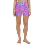 Yoga Shorts for Women, Cool Magenta, Pink and Purple Dahlia Pattern