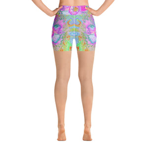 Yoga Shorts for Women, Psychedelic Hot Pink and Ultra-Violet Hibiscus