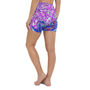Yoga Shorts for Women, Elegant Purple and Blue Limelight Hydrangea