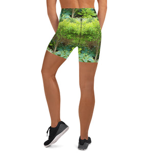 Floral Yoga Shorts, Beautiful Green Garden Landscape with Hostas