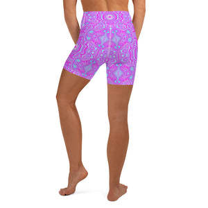 Yoga Shorts for Women, Trippy Hot Pink and Aqua Blue Abstract Pattern