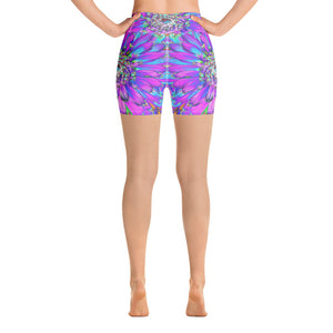 Yoga Shorts for Women, Trippy Abstract Aqua, Lime Green and Purple Dahlia