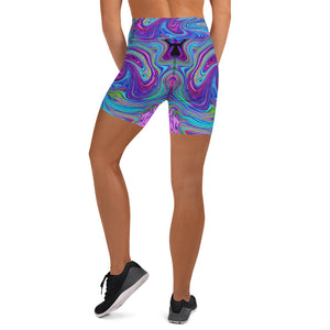 Yoga Shorts for Women, Blue, Pink and Purple Groovy Abstract Retro Art