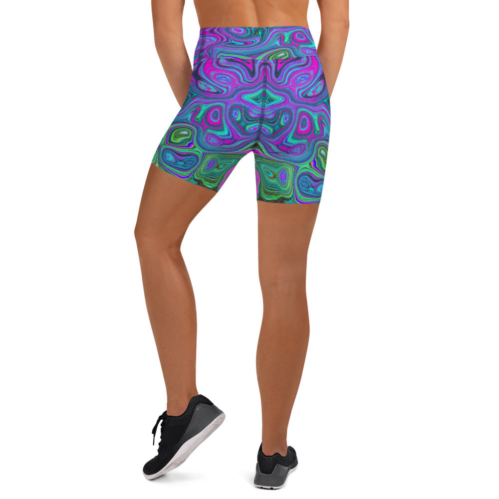 Yoga Shorts for Women, Marbled Magenta and Lime Green Groovy Abstract Art