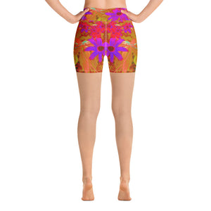 Yoga Shorts for Women, Colorful Ultra-Violet, Magenta and Red Wildflowers