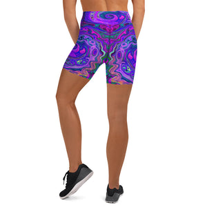 Yoga Shorts for Women, Groovy Abstract Retro Magenta and Purple Swirl