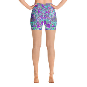 Yoga Shorts for Women, Aqua Garden with Violet Blue and Hot Pink Flowers