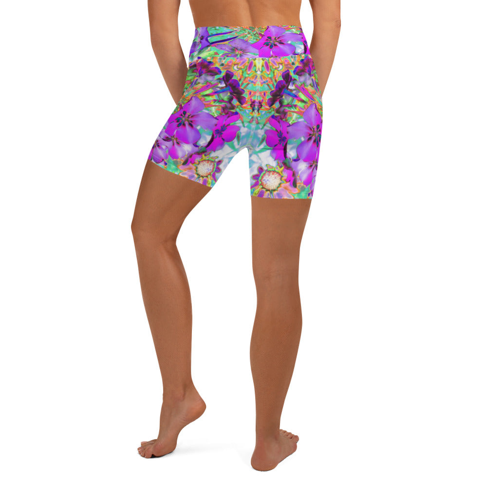 Yoga Shorts, Dramatic Psychedelic Magenta and Purple Flowers