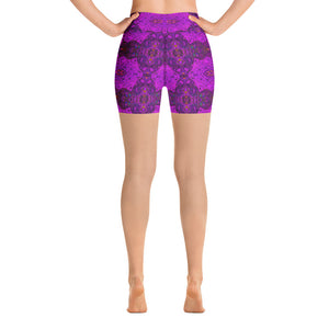 Yoga Shorts, Abstract Magenta and Black Groovy Pattern