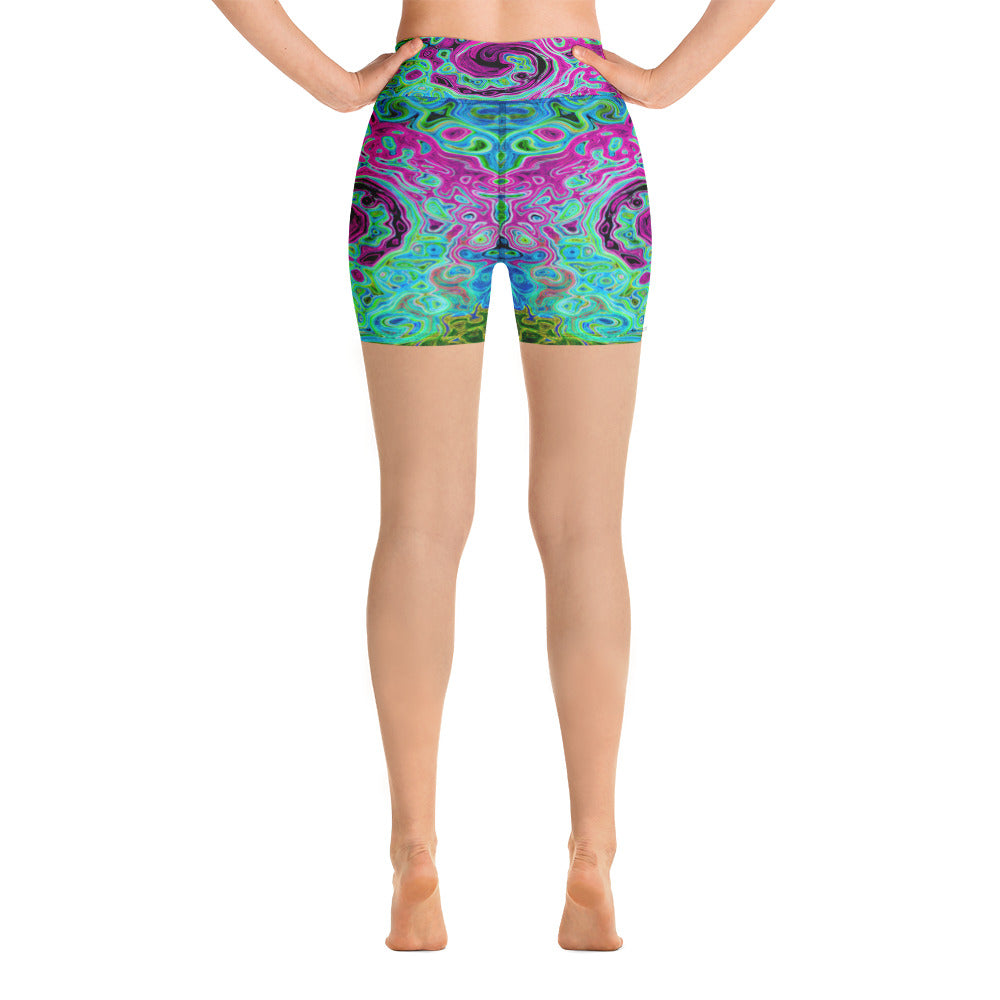 Yoga Shorts, Hot Pink and Blue Groovy Abstract Retro Liquid Swirl